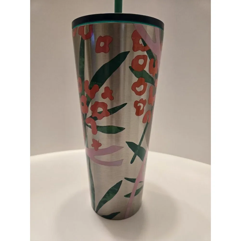 Starbucks Green‎ Pink Jungle Print Stainless Tumbler Cup 24 Oz Venti